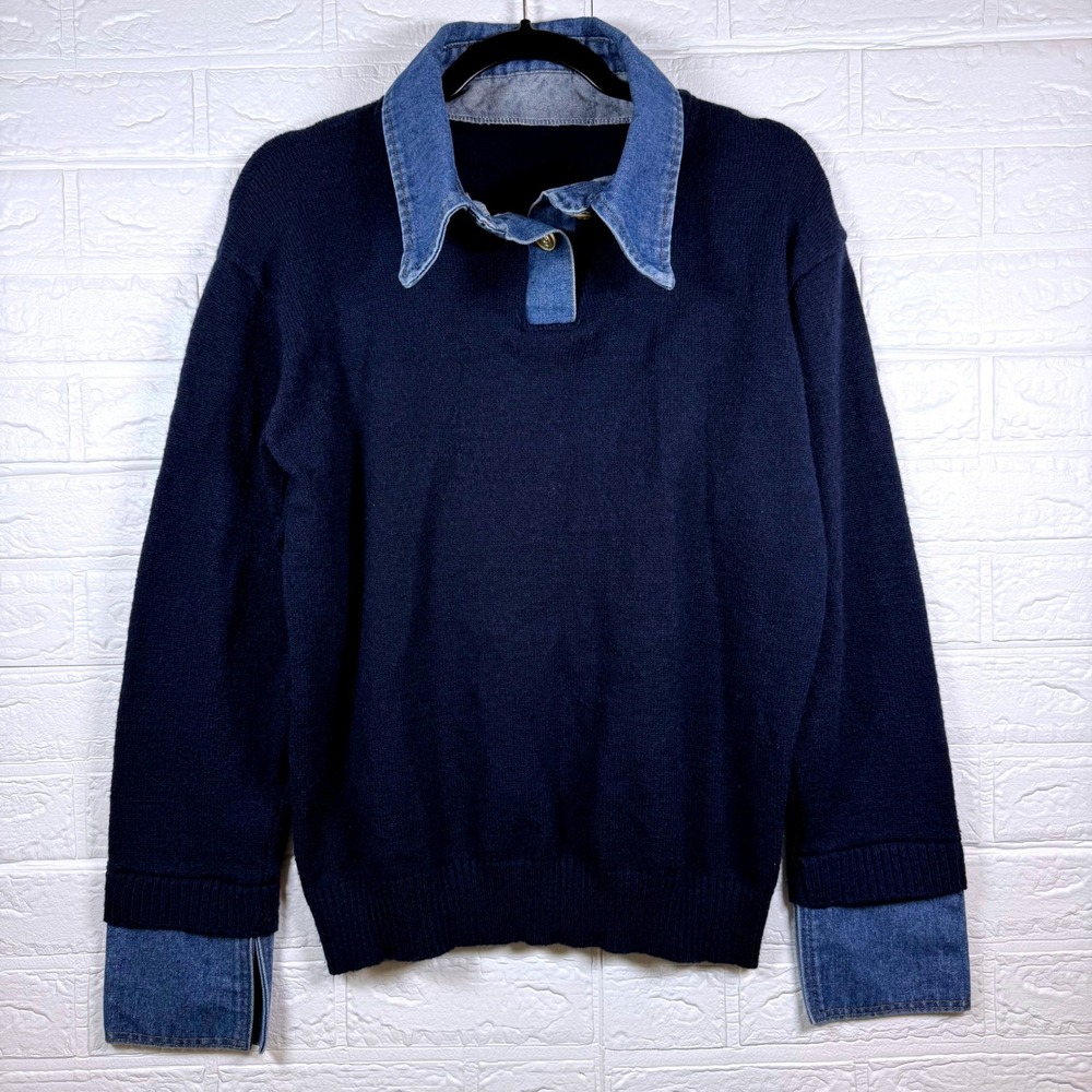 Denim Trim Sweater Women Medium Navy Blue Layered Look Pullover